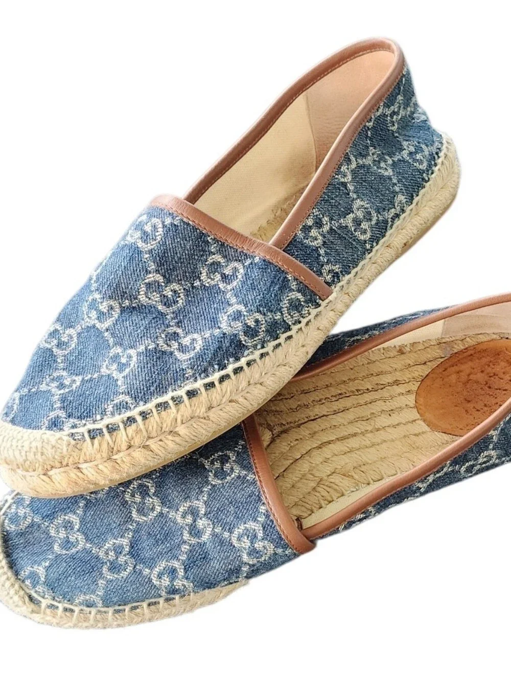 Gucci Blue Monogram Denim Espadrille Flats with Brown Trim